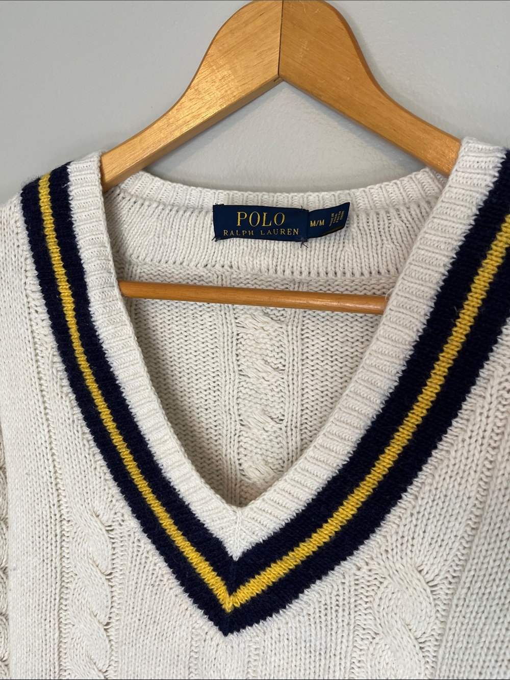 Polo by Ralph Lauren Cream Cricket Cable-Knit V-Neck Sweater with Navy & Yellow - Picture 5 of 17